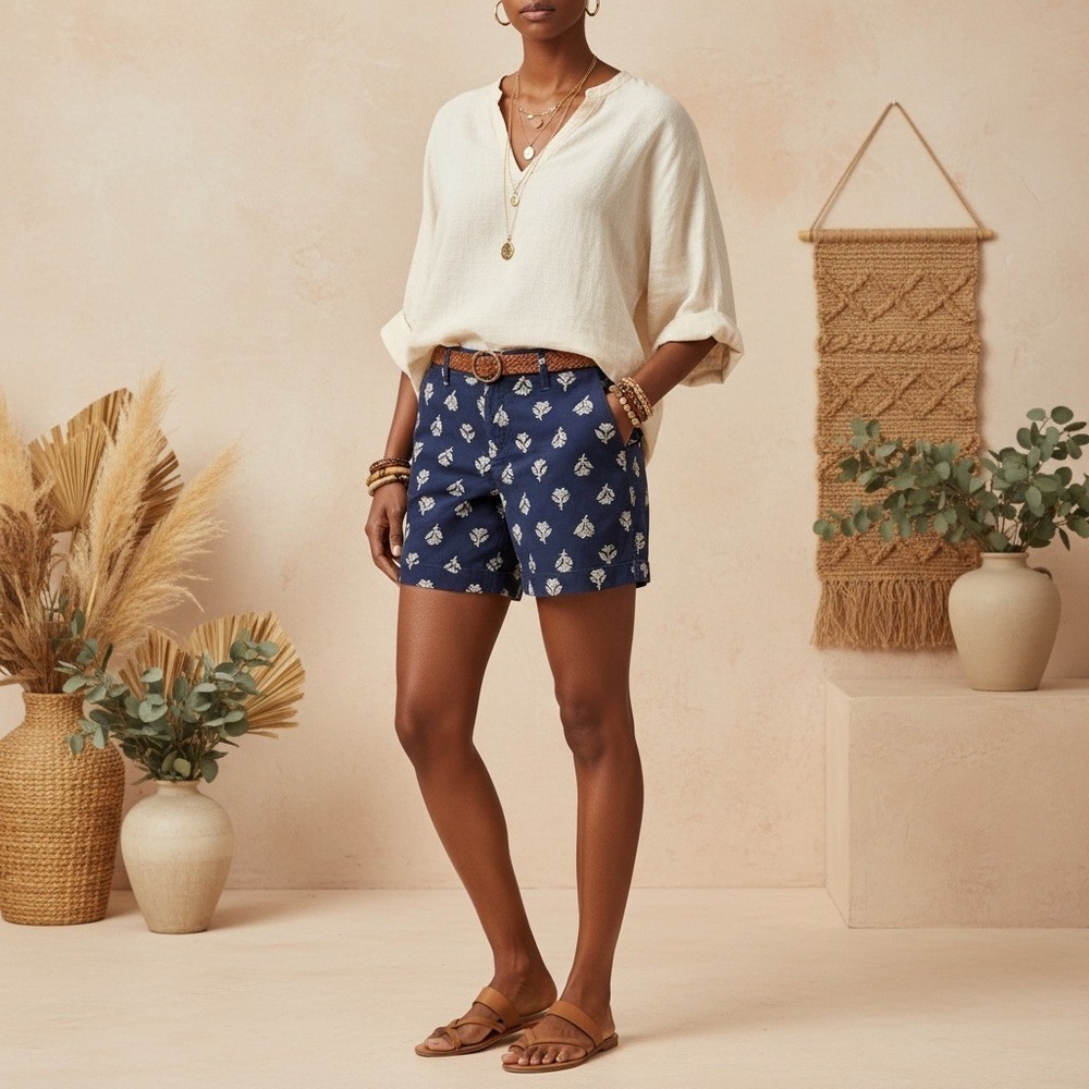Old Navy 0 Blue White Floral Shorts Womens Cottage Y2K Nautical Boho Chino